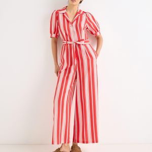 Oliver Bonas Red & Green Striped Short Sleeve Tie Waist Jumpsuit, Size 10