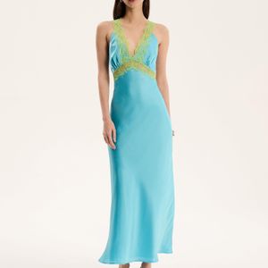 OMNES Blue Aurelia Lace Trim Maxi Dress