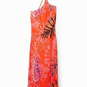 Desigual Red Tropical Asymmetric Midi Dress, Viscose