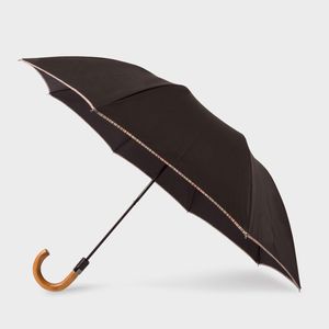 Parapluie Pliant Noir Avec Bordure 'Signature Stripe' Et Pommeau En Bois Paul Smith