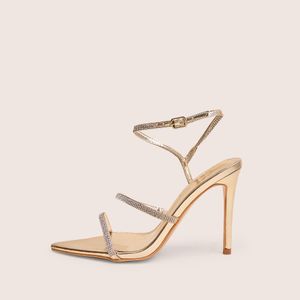 Public Desire Natural Seductive Gold Mirror Pu Diamante Strap Pointed Toe Stiletto High Heels
