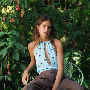Pull&Bear Green Polka Dot Halter Top With Cut-Out