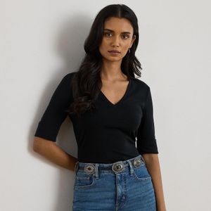 Ralph Lauren Black Stretch Cotton Elbow-Sleeve V-Neck Tee