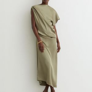 Reiss Green Kenzie Satin Asymmetric Draped Midi Dress