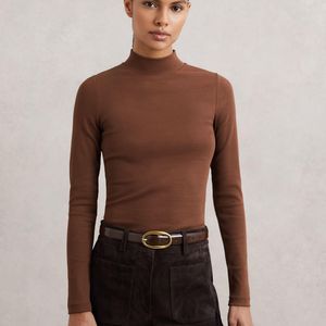 Reiss Brown Stretch-Cotton Funnel-Neck Top