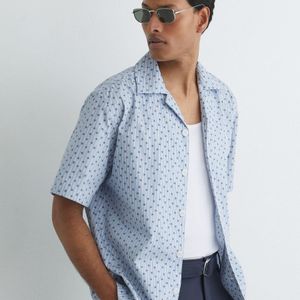 Reiss Blue Cotton Medallion-Print Cuban-Collar Shirt for men