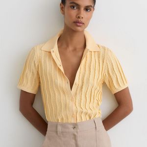 Reiss Natural Audrey - Buttermilk Yellow Stitch-detail Short-sleeve Knitted Shirt, L (us 12-14)