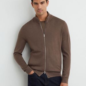 Reiss Brown Merino Wool Funnel-Neck Zipped Cardigan for men