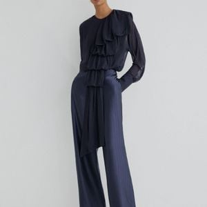 ATELIER Blue Sheer Draped Ruffle-Detail Blouse