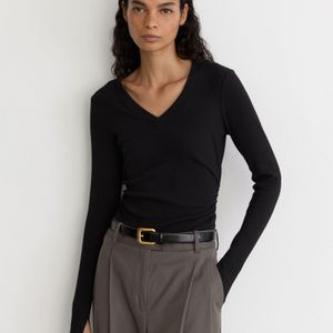Reiss Black Cotton-Stretch V-Neck Ruched Top