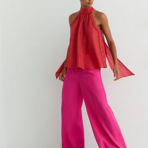 Reiss Pink Andi - Coral Red Linen Sleeveless Scarf-neck Top, Us 8