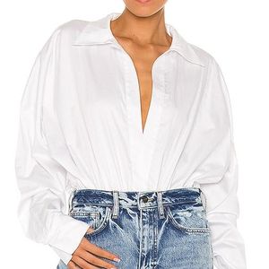 Norma Kamali White Oversized Boyfriend Shirt Bodysuit