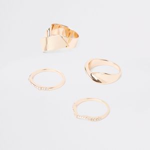 River Island Metallic Gold Colour Chunky Diamante Ring Pack