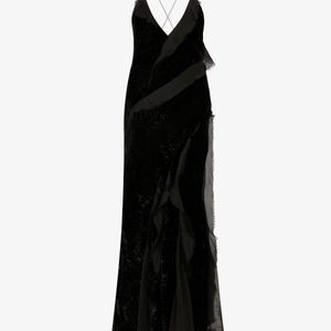Roberto Cavalli Black Velvet Slip Dress With Silk Chiffon Ruffles