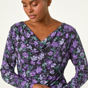 Roman Blue Ruched Cowl Neck Floral Top
