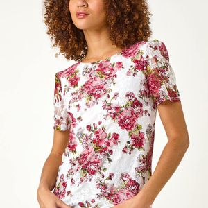 Roman Red Floral Print Lace Stretch Top