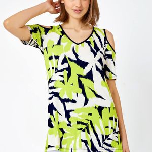 Roman Green Leaf Print V-Neck Cold Shoulder Top
