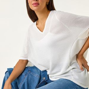 Roman White Textured V-Neck Cocoon Stretch Top