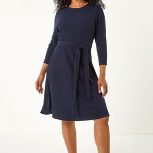 Roman Petite Blue Ribbed Tie Waist Detail Dress