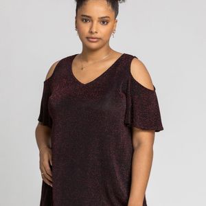 Roman Curve Red Cold Shoulder Shimmer Top