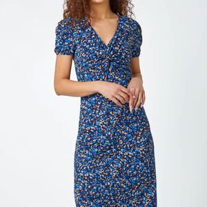 Roman Blue Animal Twist Front Midi Stretch Dress