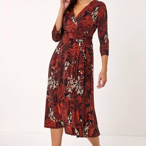 Roman Red Leaf Print Wrap Midi Stretch Dress