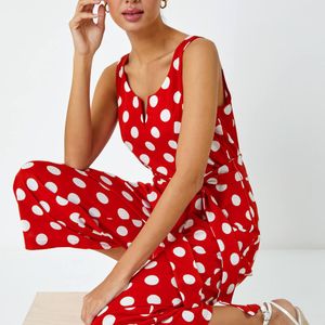 Roman Red Spot Print Belted Jumpsuit