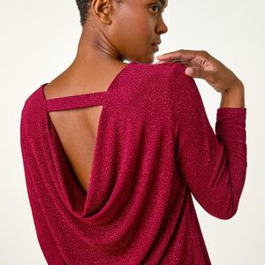 Roman Red Glitter Cowl Back Stretch Tunic Top