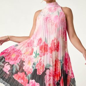 Roman Petite Pink Floral Halter Pleat Dress
