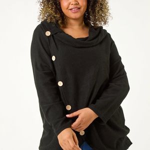 Roman Curve Black Cowl Neck Button Wrap Top