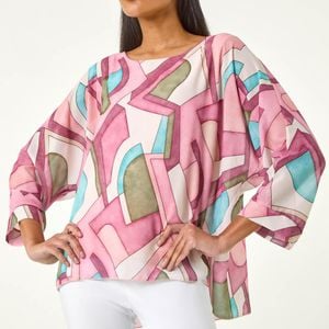 Roman Red Abstract Print Overlay Tunic Top