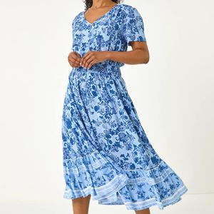Roman Petite Blue Floral Print Border Midi Dress