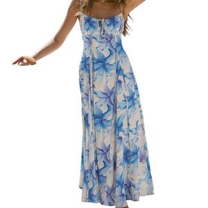 AMINA GLAM Blue Sleeveless Printed Linen-Blend Maxi Dress