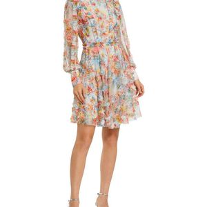 Mac Duggal Blue Floral Mesh Ruffle High Neck Mini Dress