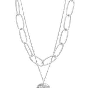 Adornia White Plated Oval Link Chain & Coin Pendant Layered Necklace