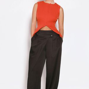 Boohoo Red Asymmetric Waistband Pleated Wide Leg Trousers