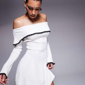 Missy Empire White Knitted Bardot Fold Over Lace Trim Mini Dress