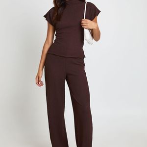 Boohoo Brown Crinkle Tie Back Top Wide Leg Trouser Co Ord