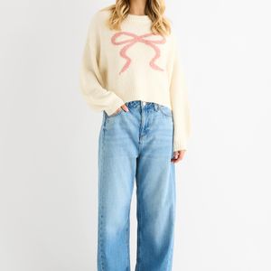 Gini London Blue Embossed Contrast Bow Short Knit Jumper