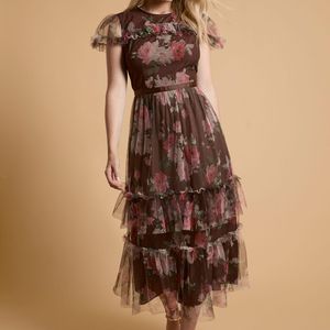 Oasis Natural Printed Tulle Maxi Dress