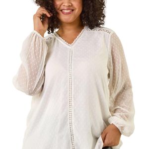 Roman White Curve Textured V-Neck Top