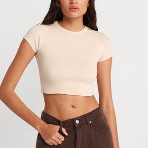 Dilvin Natural Slim Fit Crop Crew Neck T-Shirt