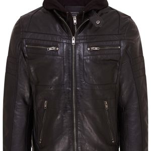 Infinity Leather Black Hooded Biker Jacket for men