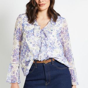 Wallis White Floral Lace Trim Ruffle Blouse