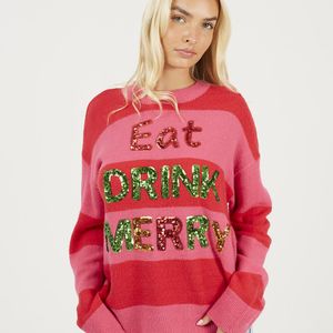 Brave Soul Red Sequin Slogan Christmas Jumper