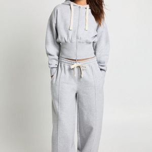 Boohoo Grey Contrast Drawcord Double Zip Ballon Sleeve Hoodie