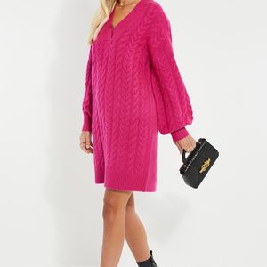 Threadbare Pink 'Chalk' Cable Knit Jumper Midi Dress Spandex