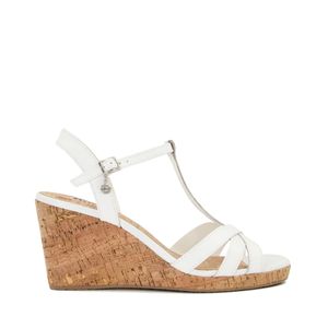 Dune White Ladies Keep Charm-Detail Leather Corkscrew-Wedge Sandals