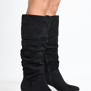 Boohoo Black Ruched Block Heel Knee High Boots
