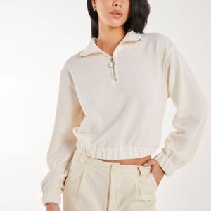 Pink Vanilla White High Neck Zip Up Cropped Sweatshirt